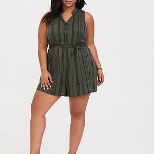 OLIVE GREEN STRIPE BUTTON FRONT CHALLIS ROMPER